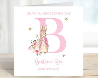 Personalised Peter Rabbit Pink Christening Card | Baptism Card | Customised Girl's Christening Card | Naming Day Card |  Keepsake Card GC26