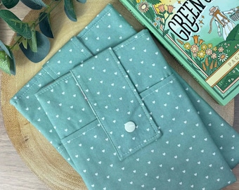 Green Hearts Fabric Book Sleeve, Kindle Sleeve, Handmade Book Cosy, Book Cover, E-Reader Cover, Padded Book Protector, Bookish Gift