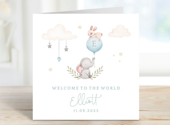 Personalised New Baby Card Newborn Baby Card Custom Name Welcome To  The World New Baby Boy Little Elephant Eco-Friendly GC39