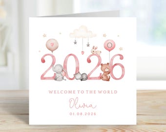 Personalised New Baby Card | Newborn Baby Card | Custom Name | Welcome To The World | New Baby Girl | Little Animals | Eco-Friendly GC41