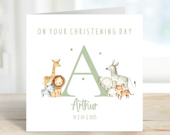 Personalised Little Safari Animal Christening Card | Baptism Card | Boy's or Girl's Christening Card | Naming Day Card |  Keepsake Card GC21