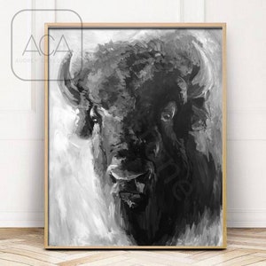 Black and White Buffalo Giclée Print: Boho Bison Wall Art
