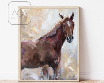 May include: A painting of a brown horse with a white star on its forehead. The horse is standing in a field with a light brown background.