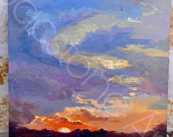 May include: A painting of a sunset over a dark landscape. The sky is a mix of purple, blue, and orange, with clouds that are painted in a thick, textured style. The sun is setting behind a line of dark hills, and the light from the sun is casting a warm glow on the clouds.