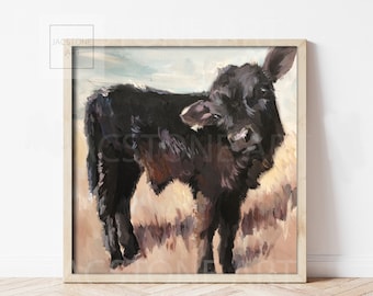 Puede incluir: Impresión artística enmarcada de un ternero negro en un campo. La pintura tiene un estilo impresionista texturizado con una paleta de colores neutros de marrones, beiges y azules. La obra de arte está firmada "Jacstone Art".