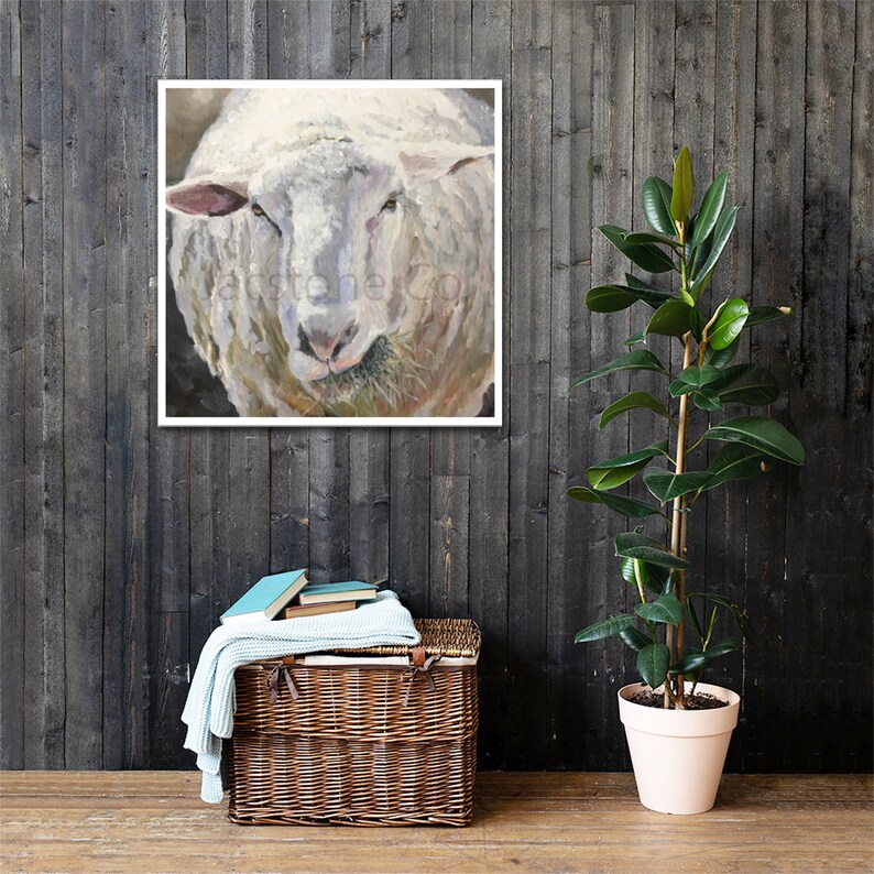 May include: A close-up painting of a white sheep with a soft, fluffy coat. The sheep is looking directly at the viewer with a gentle expression. The painting is done in a realistic style with subtle brushstrokes.