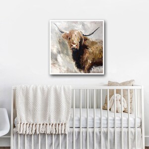 May include: A painting of a brown and white Highland cow with long horns. The cow is looking directly at the viewer with a gentle expression. The background is a light gray with brushstrokes.