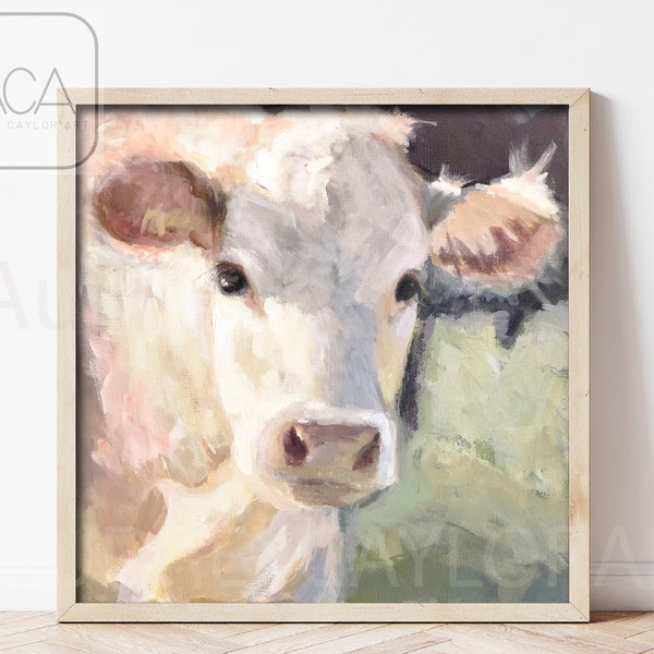 Cow Print, Cow Art, Cow Wall Art, White Cow Painting Print, Charolais Cow Art MATTE Print  of Original Acrylic Painting