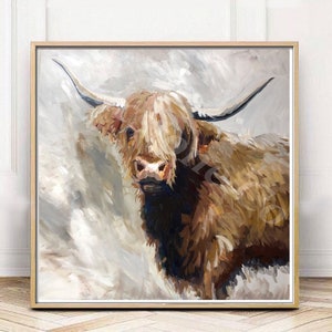 May include: A painting of a brown and white Highland cow with long, shaggy hair. The cow is looking directly at the viewer with a gentle expression. The background is a soft, abstract wash of gray and white.