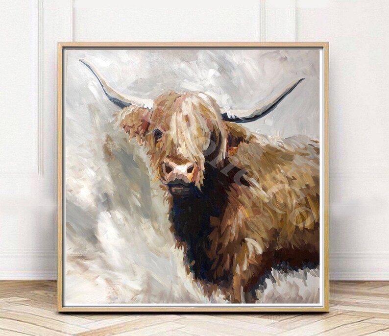 May include: A painting of a brown and white Highland cow with long, shaggy hair. The cow is looking directly at the viewer with a gentle expression. The background is a soft, abstract wash of gray and white.