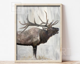 Elk Art Print: Impressionist Wildlife Painting, Cabin Decor