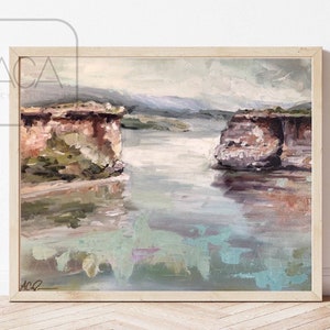 May include: A painting of a landscape with two rocky cliffs on either side of a body of water. The water is a light blue-green color and the sky is a light gray. The cliffs are a light brown color with some green vegetation.