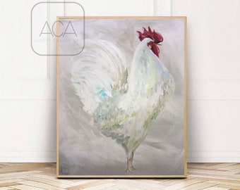 Rooster Art  Matte Print of Original Acrylic Painting, White Rooster, Farmhouse Print , Chicken Print, Rooster Portrait