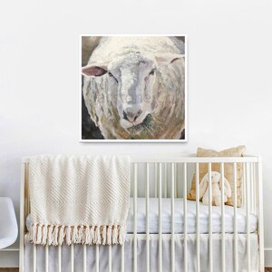 May include: A close-up painting of a white sheep with a soft, fluffy coat. The sheep is looking directly at the viewer with a gentle expression. The painting is done in a realistic style with subtle brushstrokes.