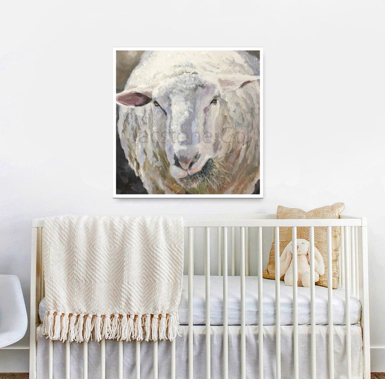 May include: A close-up painting of a white sheep with a soft, fluffy coat. The sheep is looking directly at the viewer with a gentle expression. The painting is done in a realistic style with subtle brushstrokes.