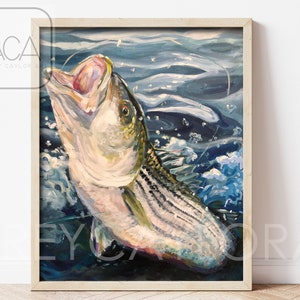 Striped Bass Print, Bass Print, Fishing Wall Art, Bass Fishing Art, bass fish MATTE Print of Original Acrylic Painting