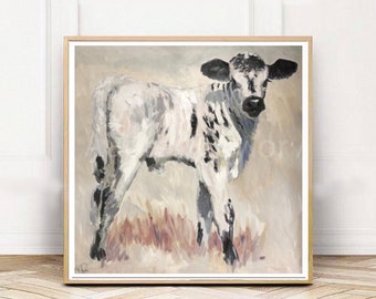 Black White Calf Print , Spotted Baby Calf Art, Longhorn Calf, Nursery Art, Calf Print, Calf Art, Calf painting ,Giclee Fine Art Print