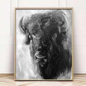 Black and White Bison Giclee Print: Wild Buffalo Wall Art
