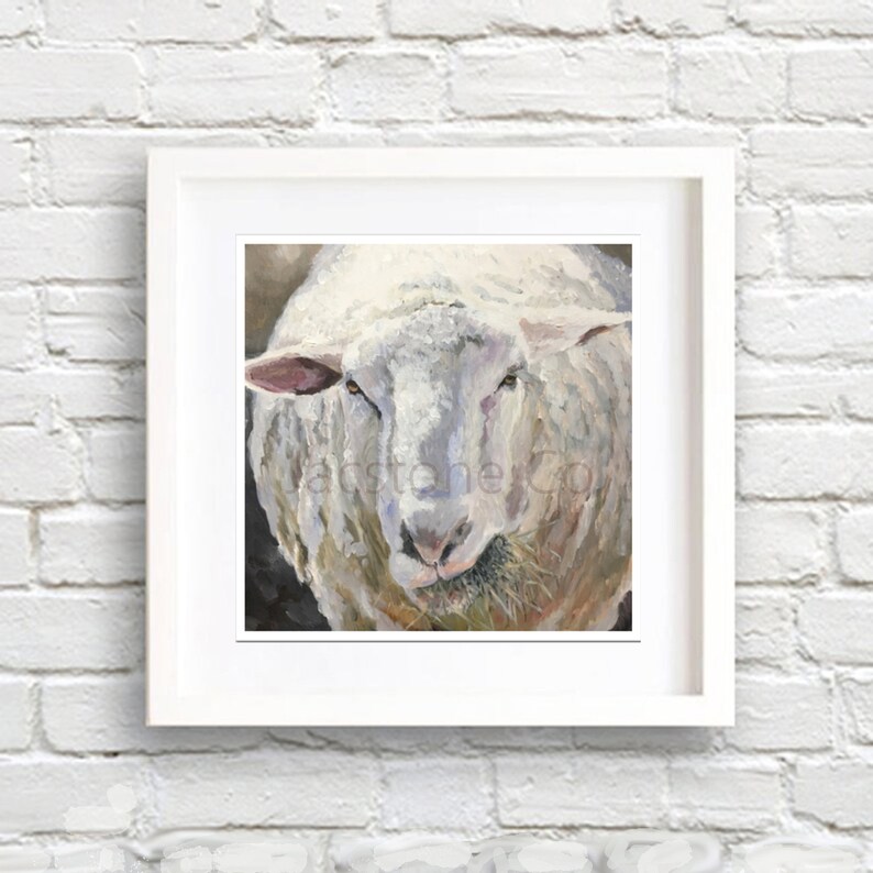 May include: A close-up painting of a white sheep with a light brown and gray background. The sheep is looking directly at the viewer and has a gentle expression. The sheep's fur is textured and detailed, and the painting captures the animal's soft features.