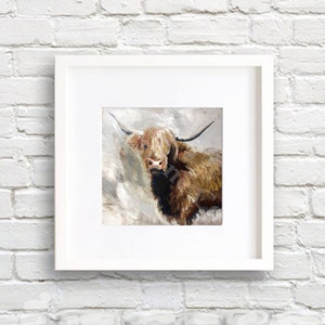 May include: A painting of a brown and white Highland cow with long horns, set against a white and gray background.