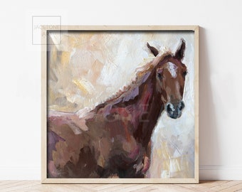 May include: A painting of a brown horse with a white patch on its forehead. The horse is looking directly at the viewer. The background is a light brown and white abstract design.
