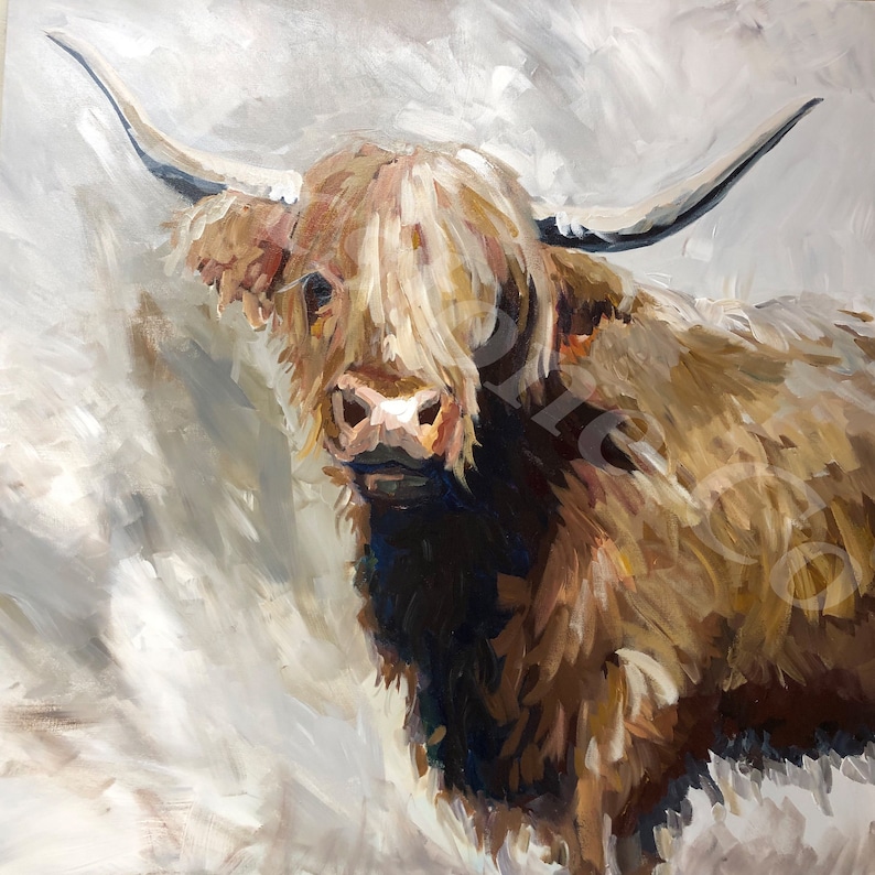 May include: A painting of a brown Highland cow with long, shaggy hair. The cow is looking directly at the viewer with a soft, gentle expression. The background is a light gray with brushstrokes.