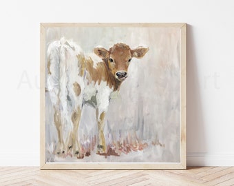 Calf Watercolor Print- Calf Painting, Cow Nursery Art, Black and