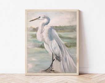 Snow Egret Impressionist Art Print, Heron Wall Decor