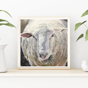 May include: A painting of a white sheep with a close-up view of its face. The sheep is looking directly at the viewer and has a gentle expression. The painting is done in a realistic style with soft brushstrokes.