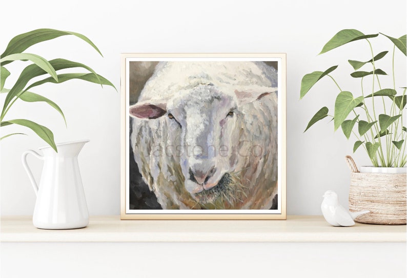 May include: A painting of a white sheep with a close-up view of its face. The sheep is looking directly at the viewer and has a gentle expression. The painting is done in a realistic style with soft brushstrokes.