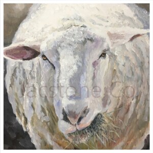 May include: A close-up painting of a white sheep with a pink ear and brown eye, eating grass. The sheep's wool is fluffy and white, and the background is a dark brown.