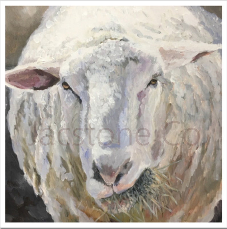 May include: A close-up painting of a white sheep with a pink ear and brown eye, eating grass. The sheep's wool is fluffy and white, and the background is a dark brown.