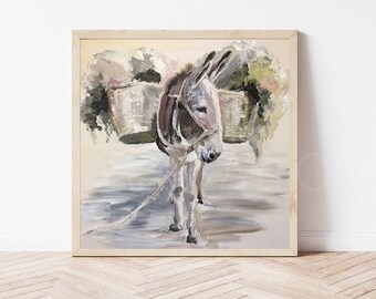 May include: A painting of a gray donkey carrying a basket on its back. The donkey is standing on a light gray surface with a rope attached to its harness. The background is a light yellow color with green foliage.