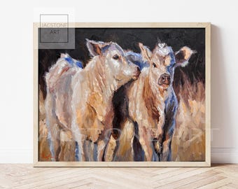 Puede incluir: Una pintura de dos terneros blancos de pie juntos en un campo. Los terneros están pintados en un estilo realista con pinceladas visibles. El fondo es de color marrón oscuro.