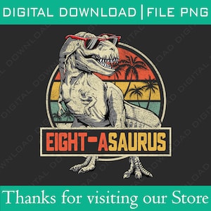 May include: A retro-style illustration of a Tyrannosaurus Rex wearing sunglasses and sitting in front of a sunset with palm trees. The text "EIGHT-ASAURUS" is written in a vintage font below the dinosaur.