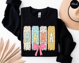 Felpa con fiocco floreale Mama Coquette, camicia con fiocco Mama Coquette, maglioni con fiocco per la festa della mamma, design camicia Boho Mama, Floral Spring Mama