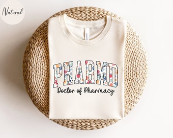 Camiseta de farmacia con flores, camiseta de farmacia con flores, regalo de farmacia, camiseta de doctor en farmacia, camiseta de farmacéutico, regalo de farmacia, camiseta de farmacéutico