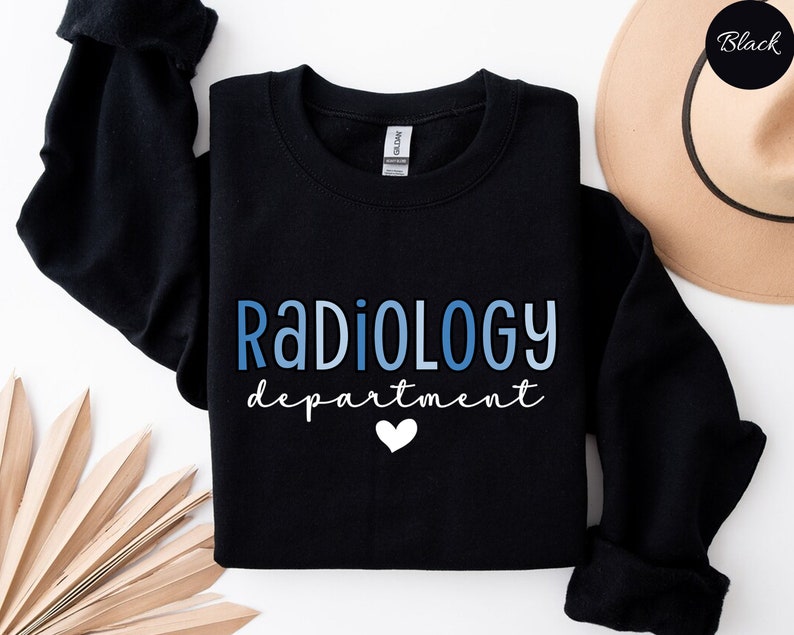 May include: Black sweatshirt with the text "RADIOLOGY department" in blue and white lettering with a white heart.