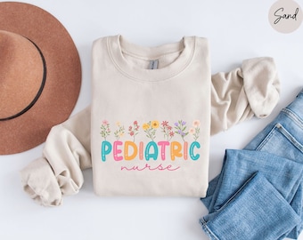 Sudadera de enfermera pediátrica PICU enfermera camisa suéter de enfermera pediátrica, flores silvestres PICU enfermería Crewneck, camisa de unidad de cuidados intensivos pediátricos