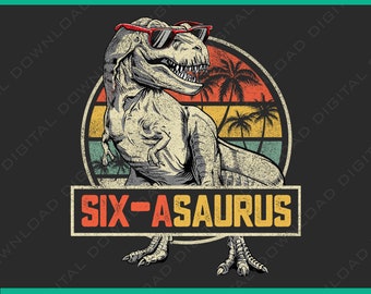 Six a Saurus födelsedag T Rex dinosaurie 6:e födelsedagsmatchning png, 6:e födelsedagspojke dinosaurie png, vintage dinosauriefödelsedagspojke png