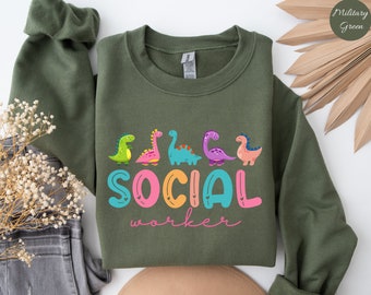 Dinosaurier-Sozialarbeiter-Sweatshirt, Geschenk für Sozialarbeiter, Schulratgeber-Sweatshirts, Therapeuten-Pullover, Sozialarbeiter-Schulpullover