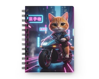 Cat Biker Spiral Notebook   Neon Cyberpunk Kitty Journal