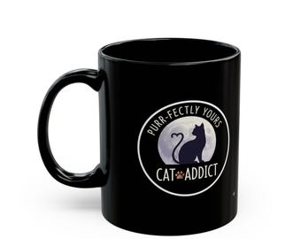 Purr-fectly Yours Cat Addict Mug | Black Ceramic Coffee Cup