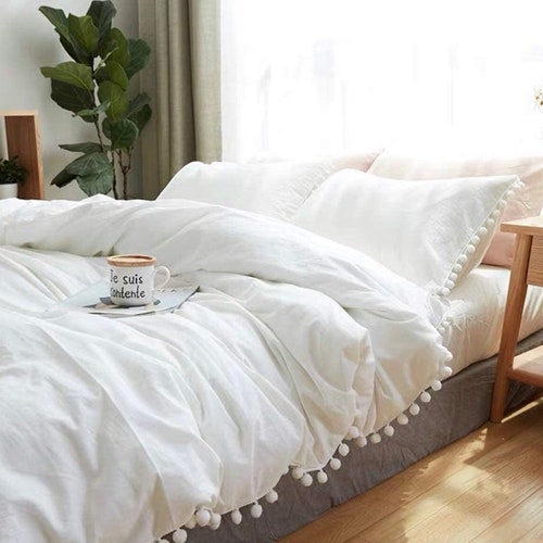 3 Pcs Set Hippie Bohemian White Pom Pom Duvet Cover Bedding Etsy