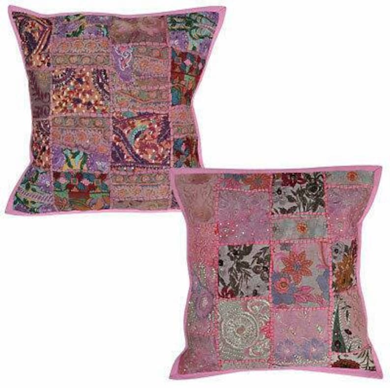 Indian Light fuschia Cushion Covers Pair Patchwork zari Embroidered Square Pillow Cases 18 X 18 inches