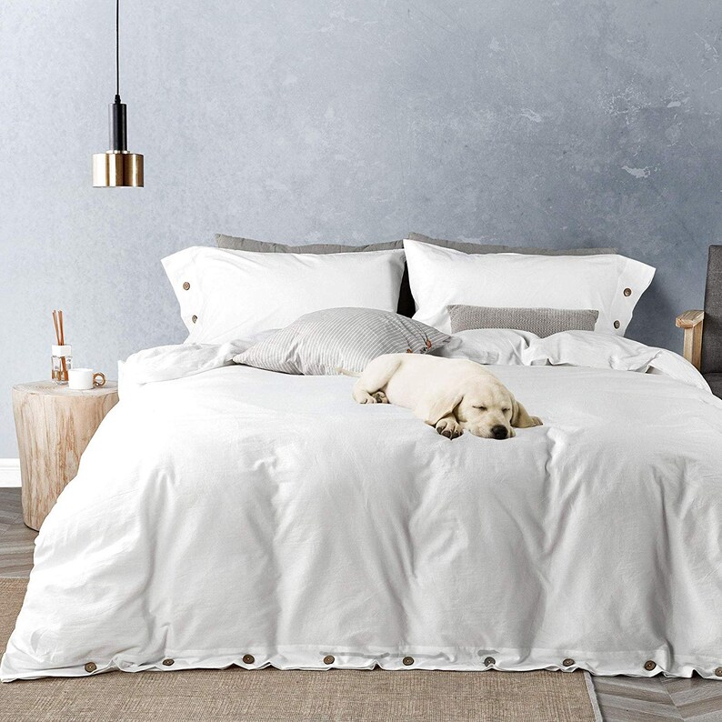 White 100 Washed Cotton Duvet Cover Set 3 Piece Luxury Soft Bedding With Ons Closure Pattern Queen Size 90 X90