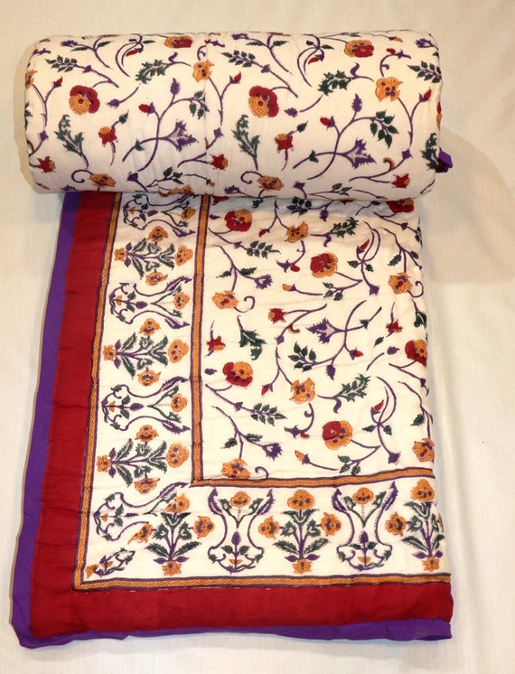 Designer Floral handmade Quilt new block printed kantha quilt 100/% cotton Twin size