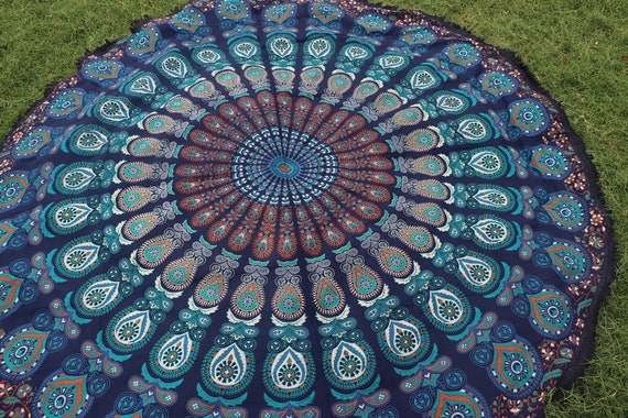 Round Yoga Mat with frill Beach Round. Indian Peacock Mandala Round with frill Beach Throw Cotton Beach Towel