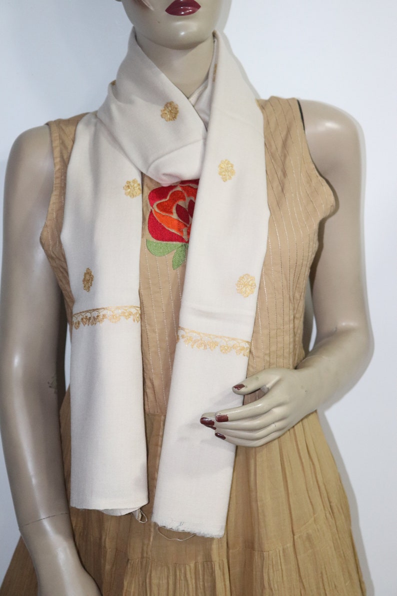 New Trendy ivory and golden Floral Embroidery Pashmina shawl wrap shawl pin size 28 X 80 inches