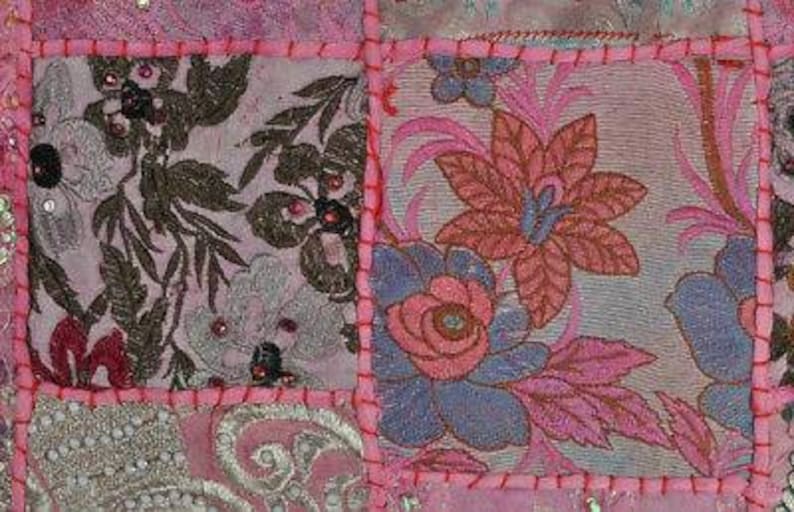 Indian Light fuschia Cushion Covers Pair Patchwork zari Embroidered Square Pillow Cases 18 X 18 inches